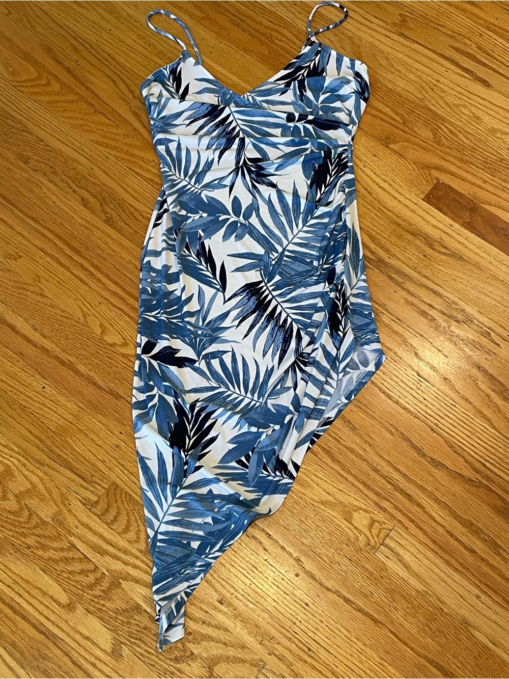 Lovely Day Blue White Palm Leaf Asymmetric Surplice Slip Dress Size L Tropical